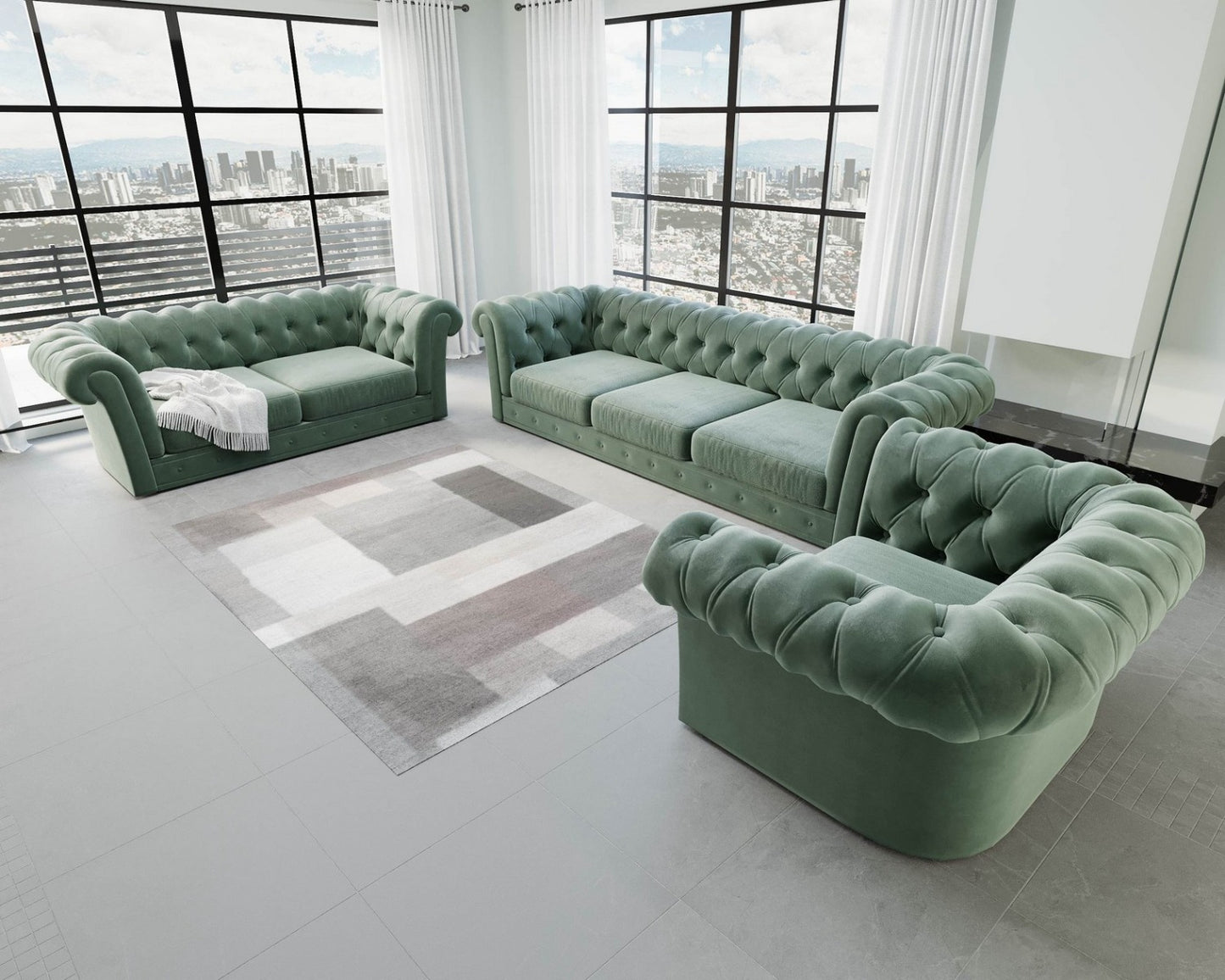 Designer Sofa Garnitur Vicenza 3-2-1 mit Samtstoff Bezug in Grün