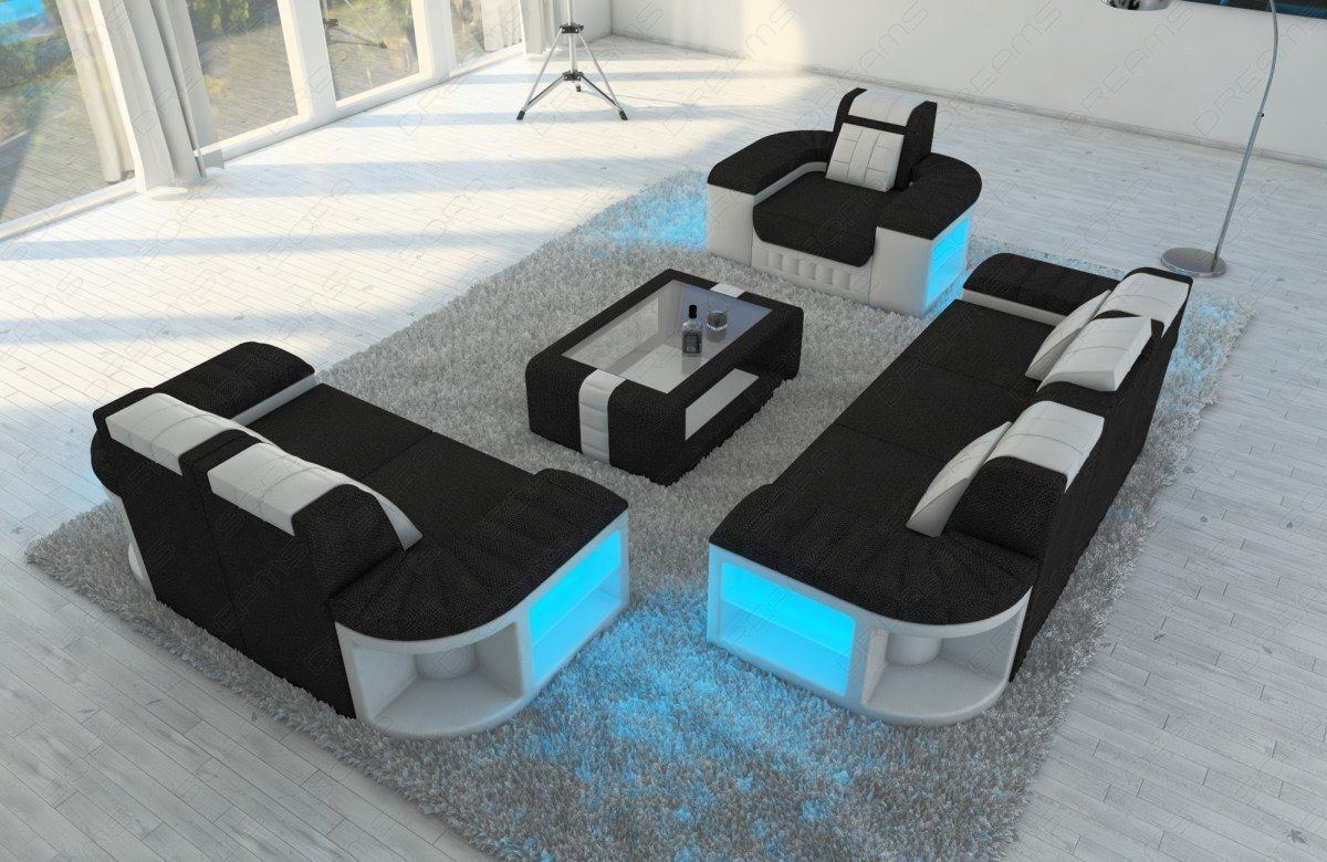 Stoff Sofa Garnitur Bellagio 321 LED Strukturstoff in schwarz - Hugo14