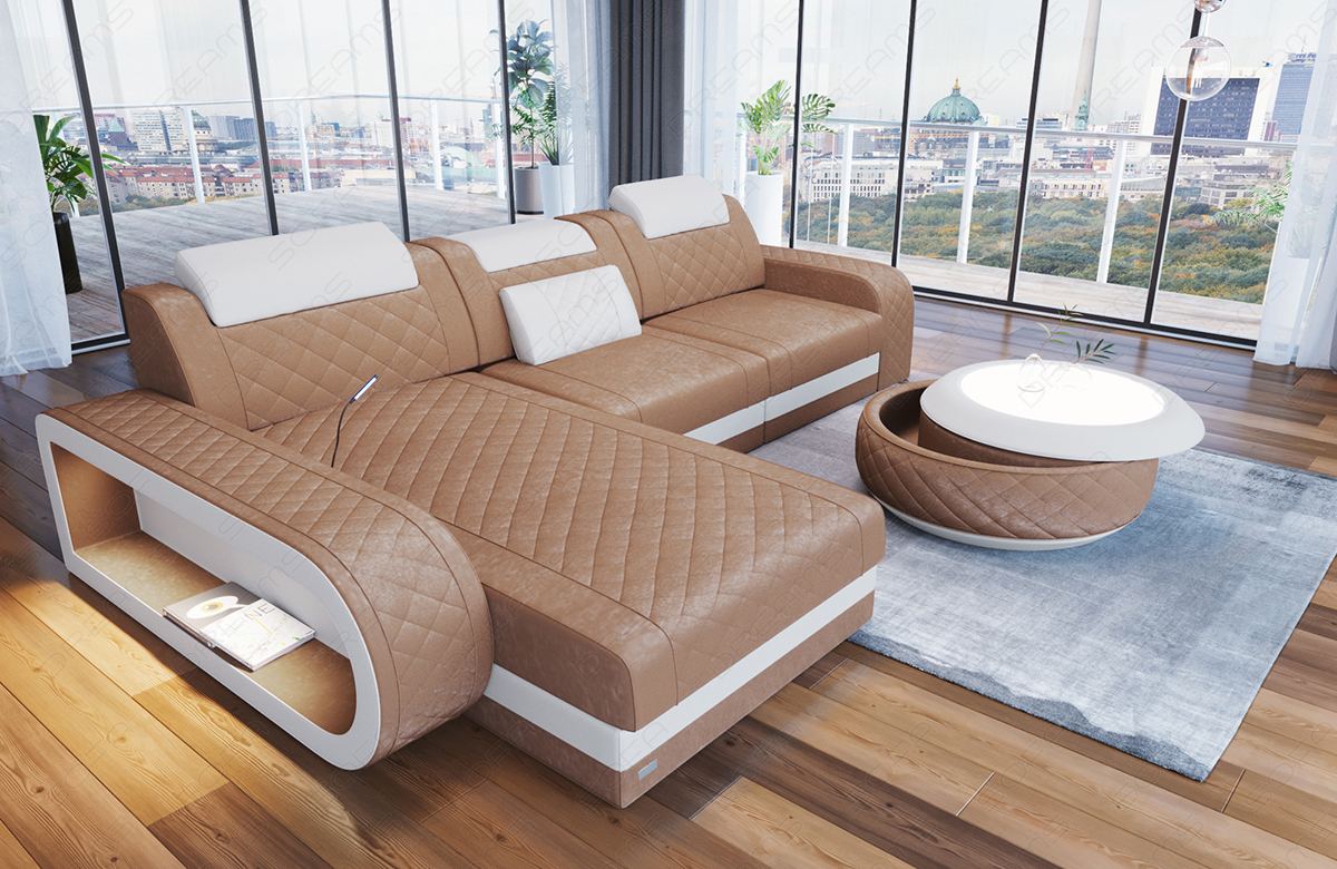 Samtstoff Ecksofa Berlin L Form mit LED-Beleuchtung in hellbraun - SunVelvet1001