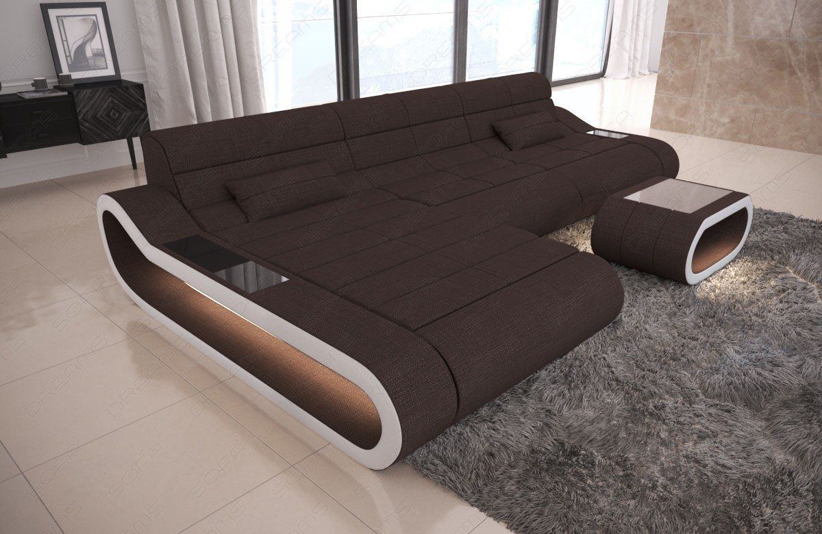 Polstersofa Concept L Form lang mit LED in graubraun - Hugo16 Strukturstoff