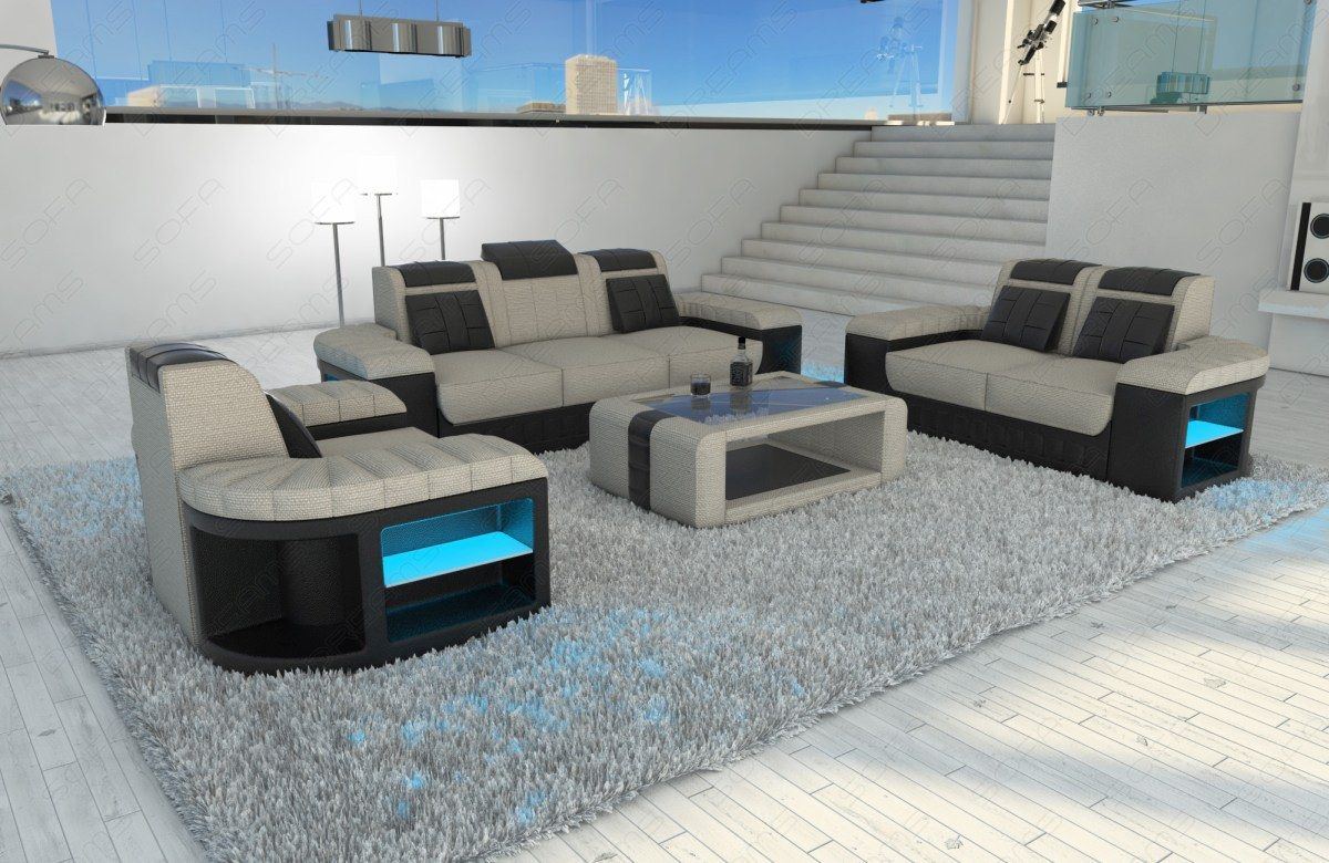 Stoff Sofagarnitur Bellagio 321 + LED Strukturstoff in elfenbein - Hugo1