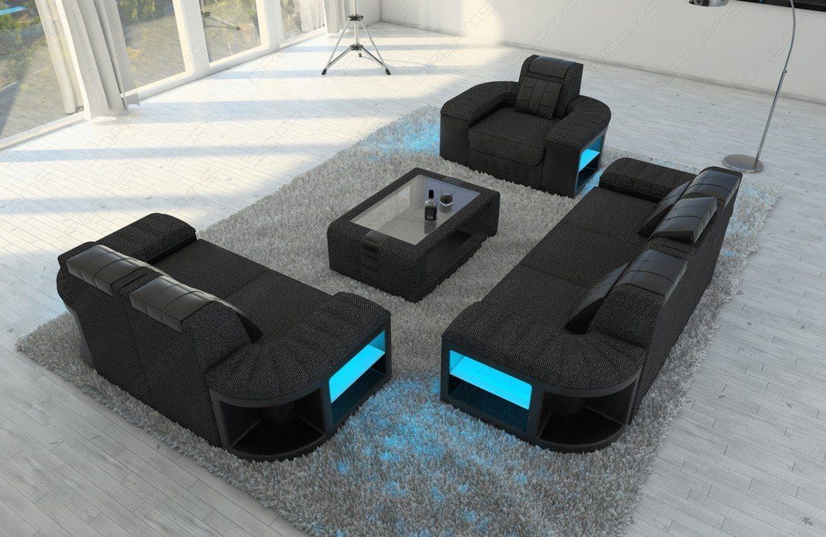 Stoff Sofa Garnitur Bellagio 321 LED Strukturstoff schwarzgrau - Hugo12