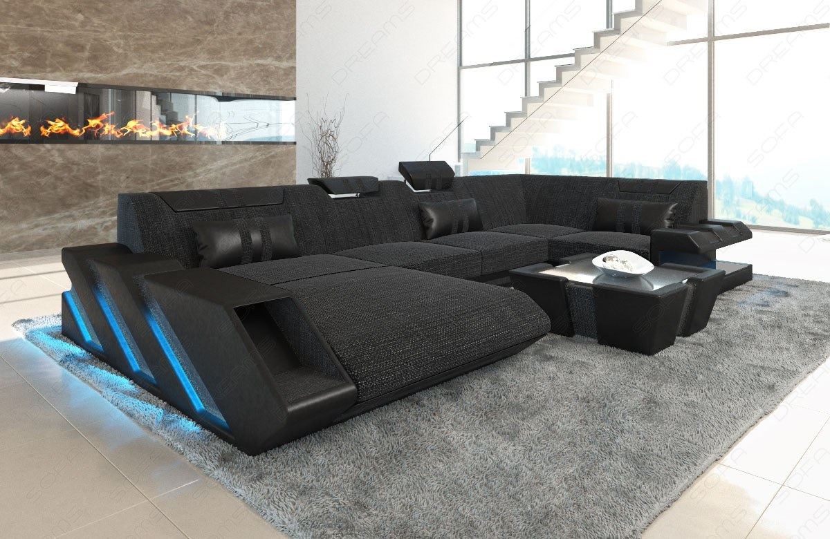 Polster Sofa Wohnlandschaft Apollonia U Form Strukturstoff in schwarz-grau - Hugo12