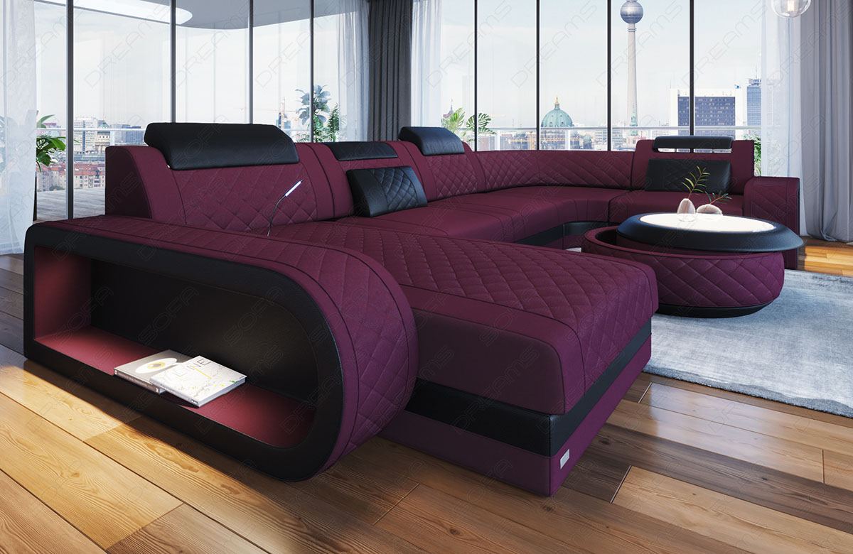 Sofa Berlin U Form in Stoff als Stoffsofa Mini in lila - Mineva13 Mikrofaser Stoff