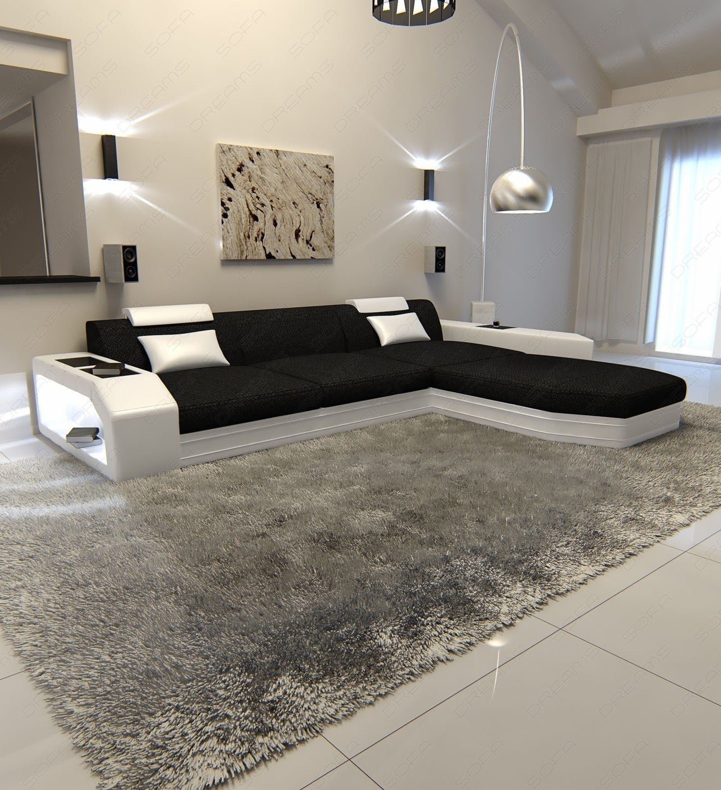 Modernes Stoffsofa Prato L Form in schwarz - Hugo14 Strukturstoff