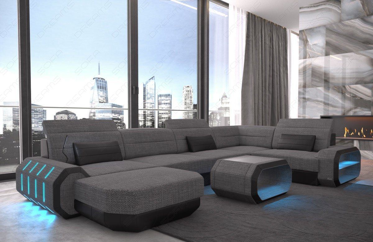 Design Stoff Wohnlandschaft Roma U Form in grau - Hugo5 Strukturstoff