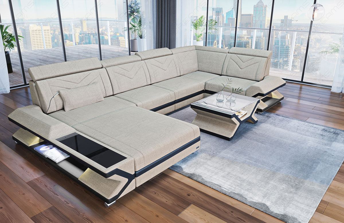 Design Polster Wohnlandschaft Napoli U Form in elfenbein - Hugo1 Strukturstoff