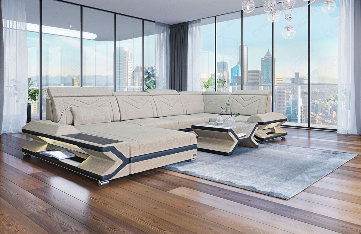 Mini U Form Stoffsofa Napoli -Sofa mit LED und USB in elfenbein - Hugo1