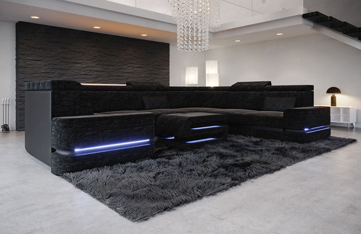 U Form Sofa Positano Mini mit LED, USB und in einem Stoffbezug in dunkelgrau - Hugo13 - Nebenfarbe schwarz Strukturstoff