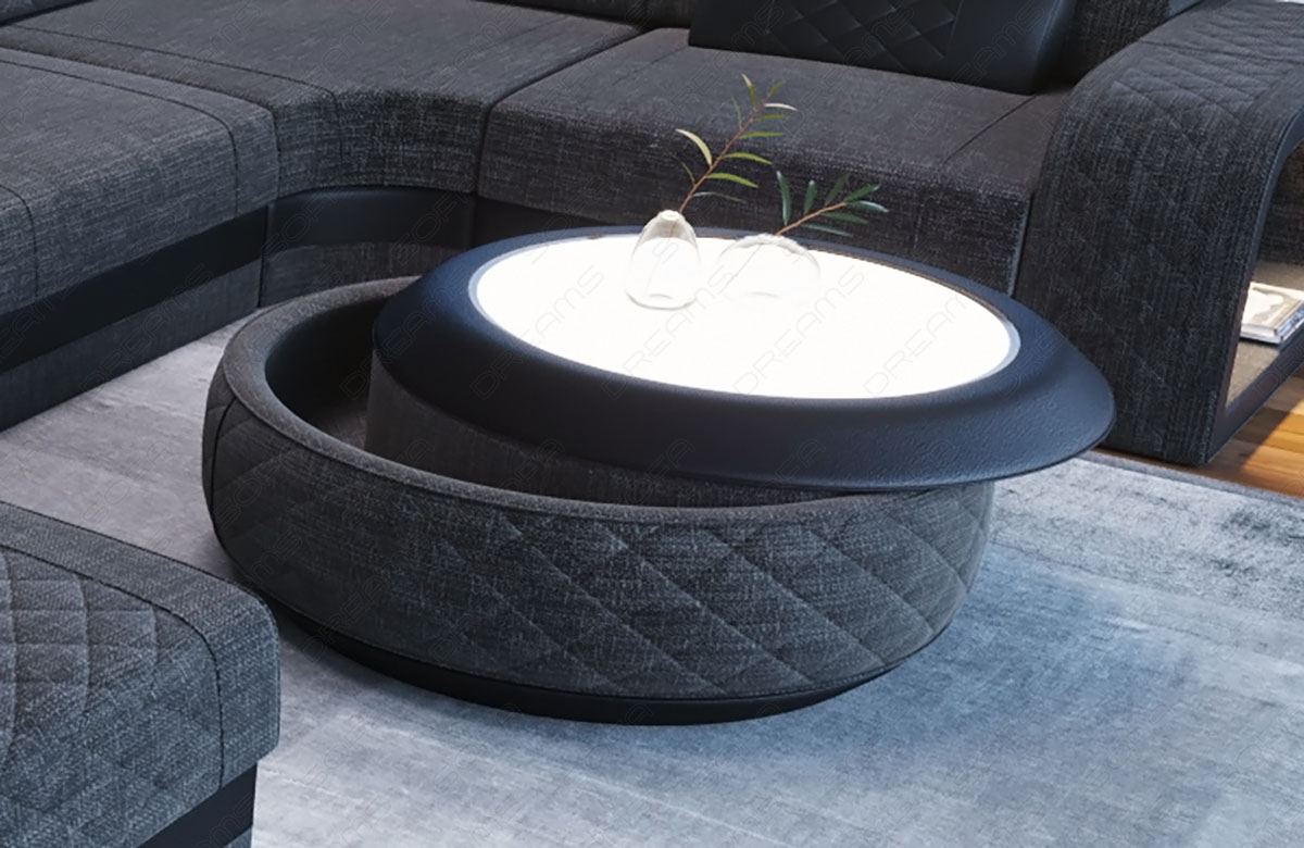 Moderner Couchtisch Berlin mit LED Beleuchtung in Webstoff Hugo12 - schwarz-grau