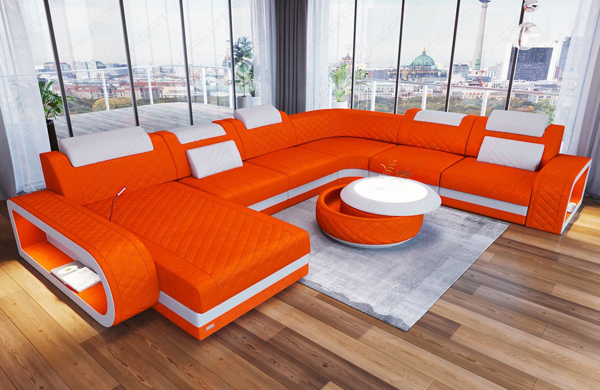 Moderne Samt Wohnlandschaft Berlin XXL mit Ottomane in orange - SunVelvet1012