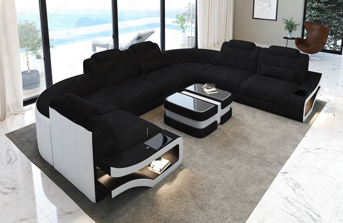 U Form Sofa Elena mit Stoffbezug als Mini Version in schwarz - Mineva14 - Nebenfarbe weiß - Bitte beachten: Die Rückwand ist in den Farben der Hauptfarbe!