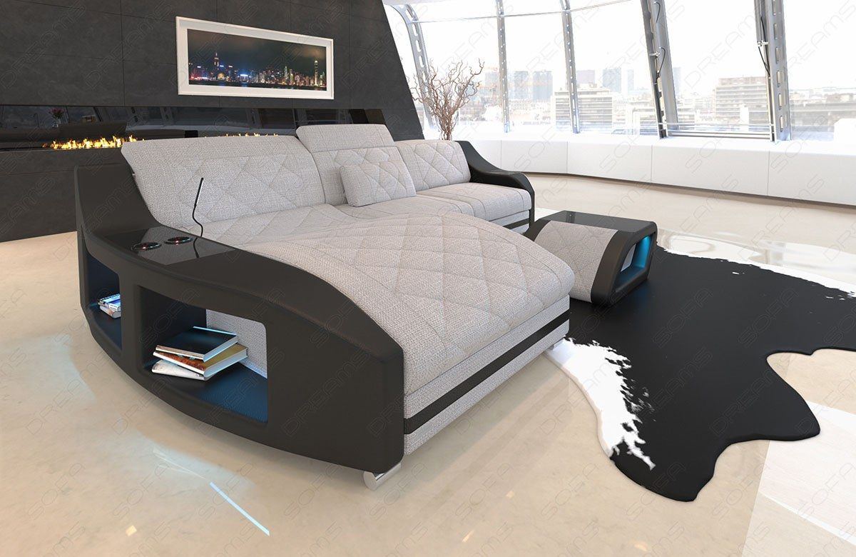 Mini Stoffsofa Swing als L Form Sofa mit USB Anschluss und LED in macchiato - Hugo2 Strukturstoff