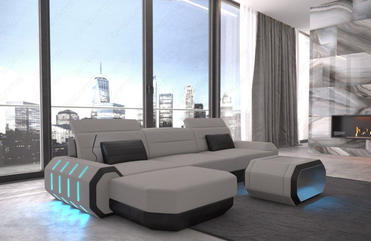 Stoffsofa Roma Mini L Form Sofa mit LED und USB Anschluss in hellgrau - Mineva12 Mikrofaser Stoff
