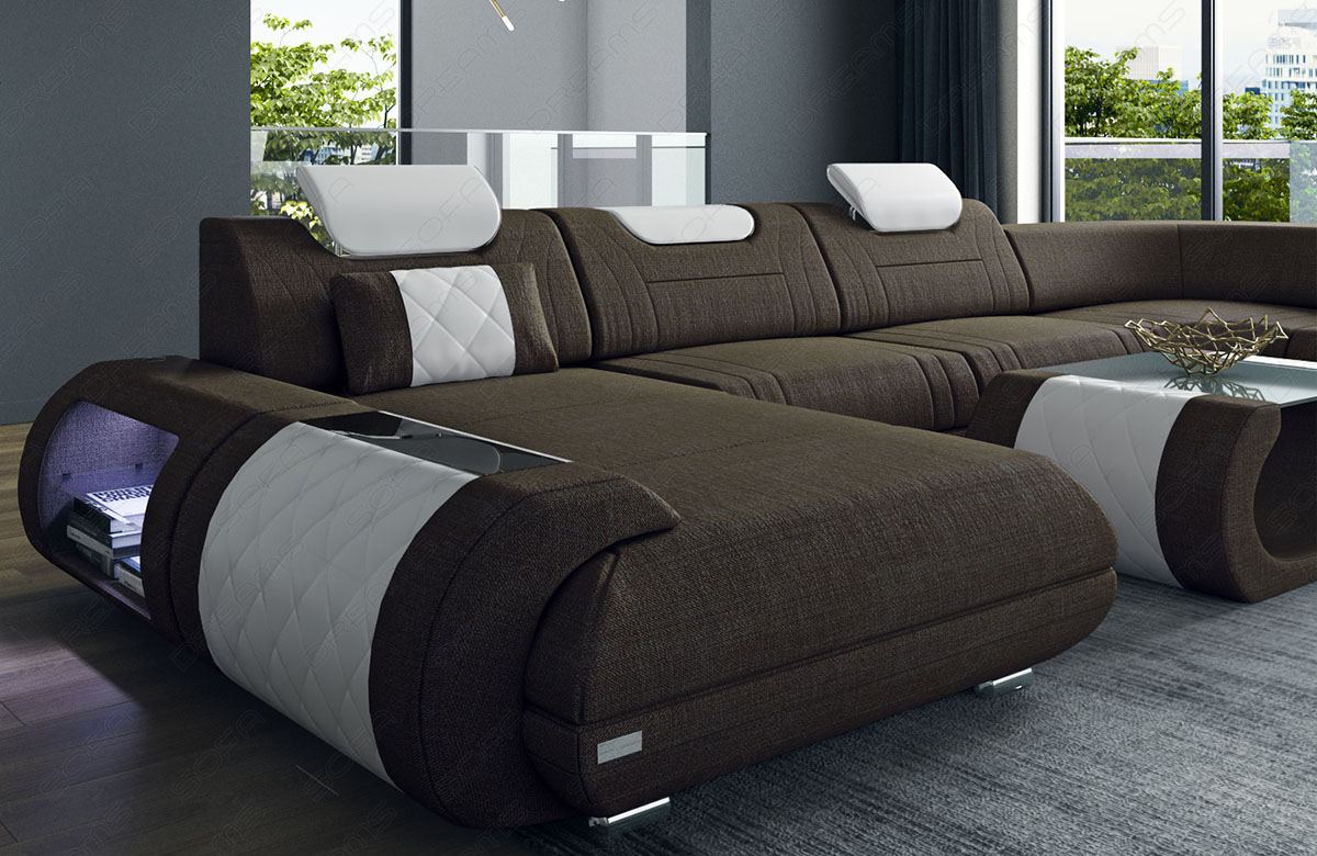 Stoff Wohnlandschaft Rimini U Form in braun - Hugo8 Strukturstoff