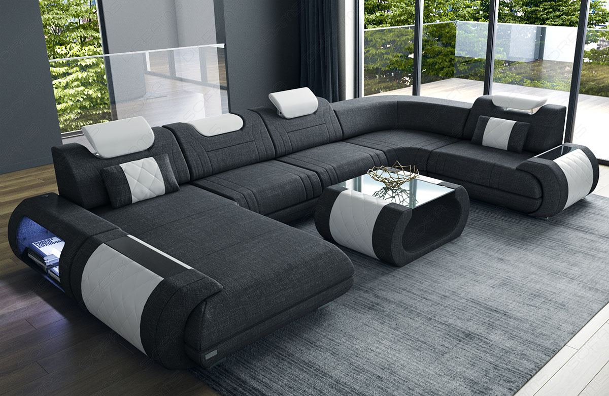 Design Stoff Wohnlandschaft Rimini U Form in schwarz-grau - Hugo12 Strukturstoff