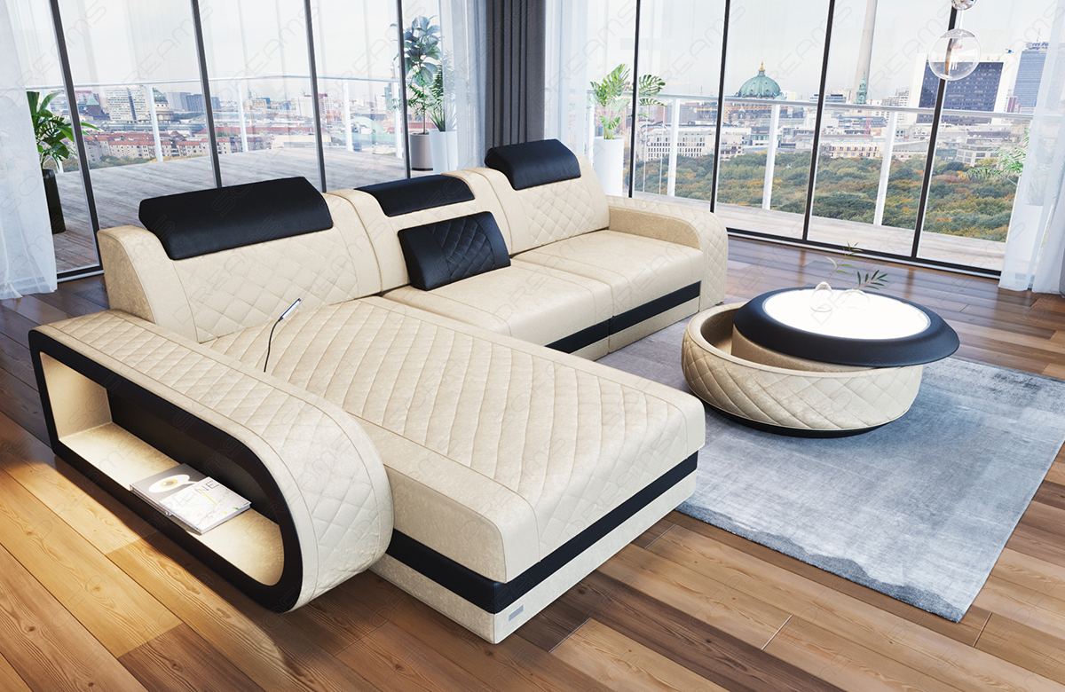 Design Samt Stoff Ecksofa Berlin L Form in creme - SunVelvet1001