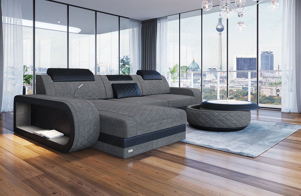 Stoff Ecksofa Berlin L Form mit LED-Beleuchtung in grau - Hugo5 Strukturstoff