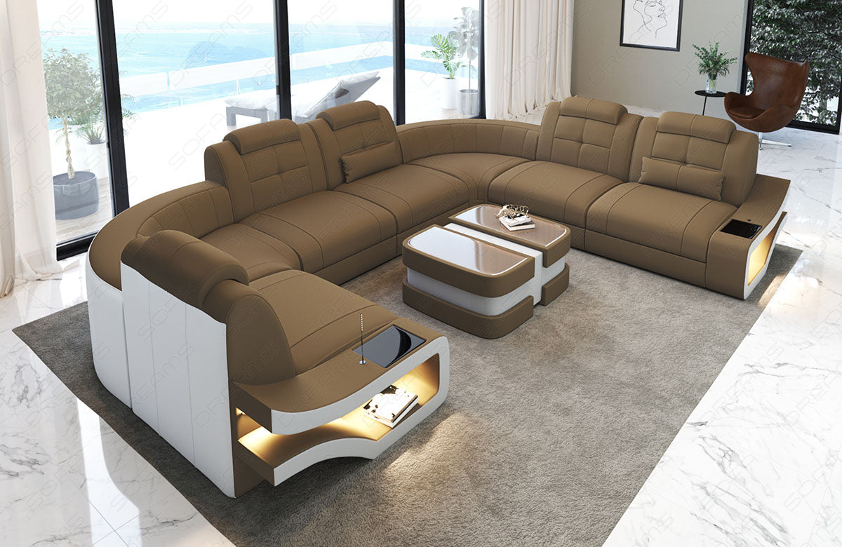 U Form Sofa Elena mit Stoffbezug als Mini Version in cappuccino - Mineva6 - Nebenfarbe weiß - Bitte beachten: Die Rückwand ist in den Farben der Hauptfarbe!