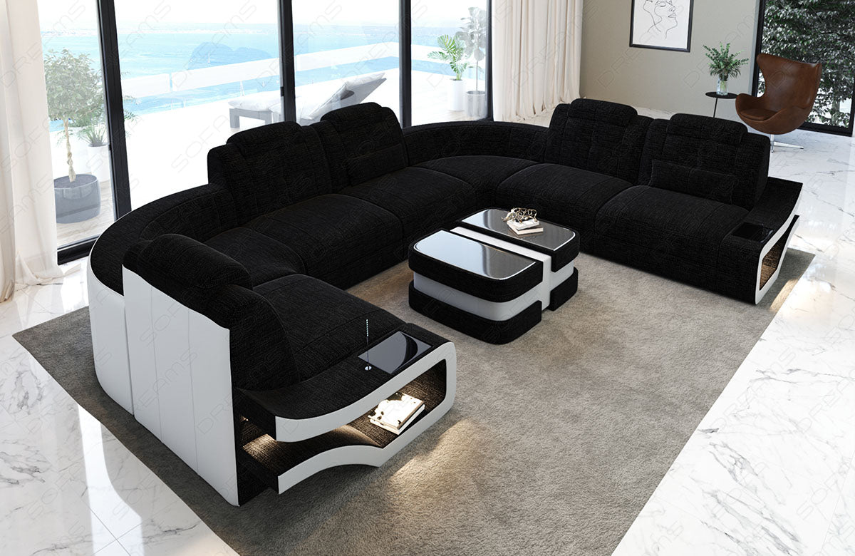 U Form Sofa Elena mit Stoffbezug als Mini Version in dunkelgrau - Hugo13 - Nebenfarbe weiß - Bitte beachten: Die Rückwand ist in den Farben der Hauptfarbe!