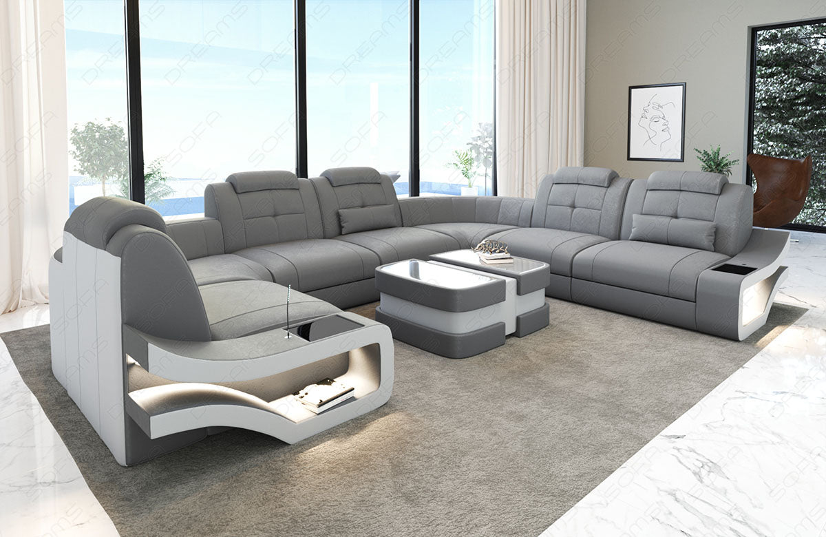Moderne Wohnlandschaft Elena U Form in Silver6a - Altara Stoff - Nebenfarbe weiß - Bitte beachten: Die Rückwand ist in den Farben der Hauptfarbe!