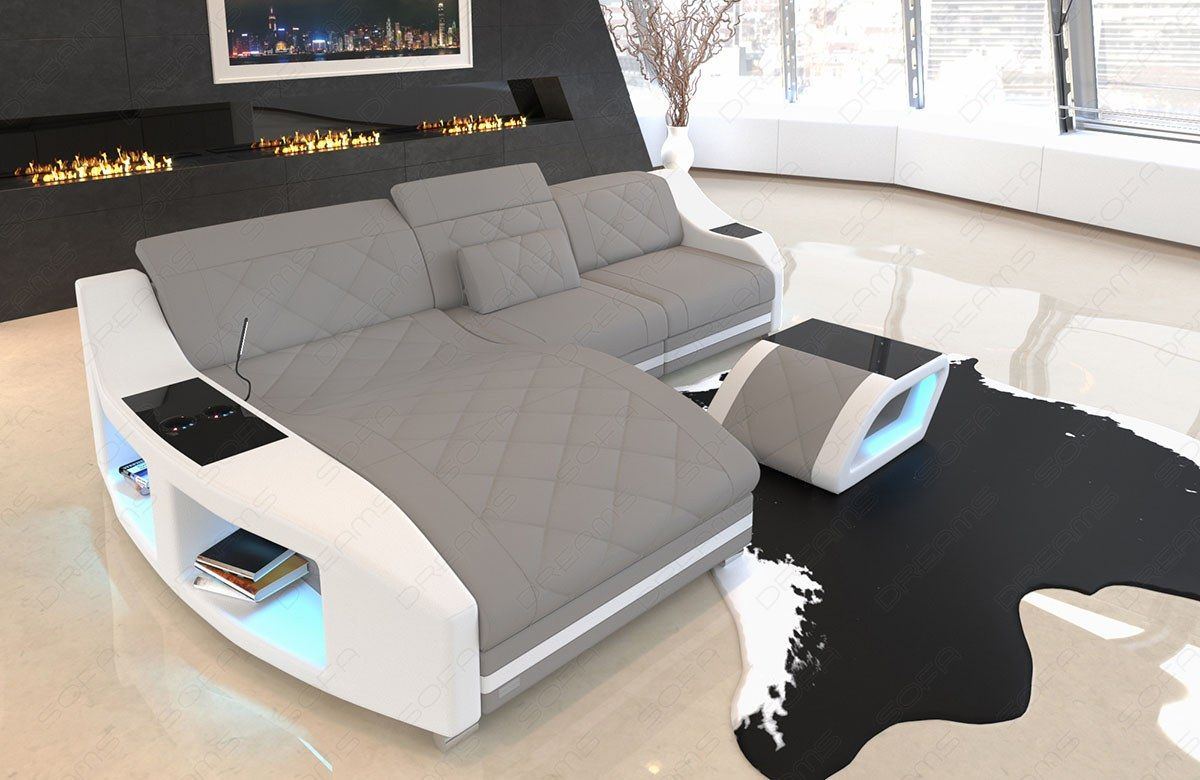 Stoff Sofa Swing L Form mit Ottomane in hellgrau - Mineva12 Mikrofaser Stoff