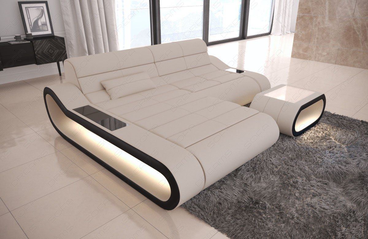 Stoffsofa Concept L Form kurz mit LED-Beleuchtung in elfenbein - Hugo1 Strukturstoff