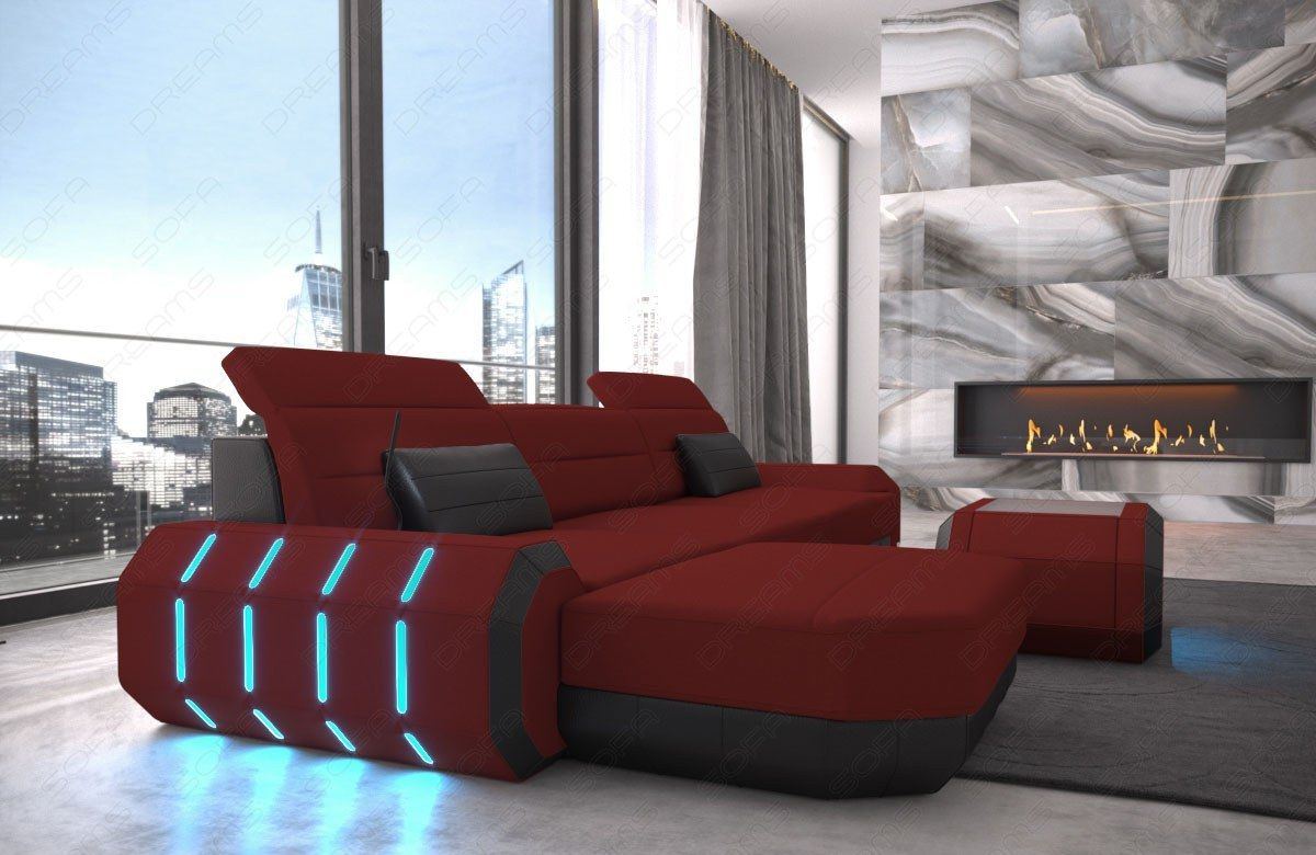 Stoffsofa Roma Mini L Form Sofa mit LED und USB Anschluss in dunkelrot - Mineva10