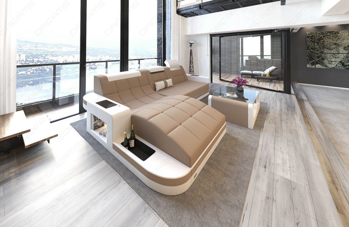 Luxus Polstercouch Wave L Form in cappuccino - Mineva6 Mikrofaser Stoff
