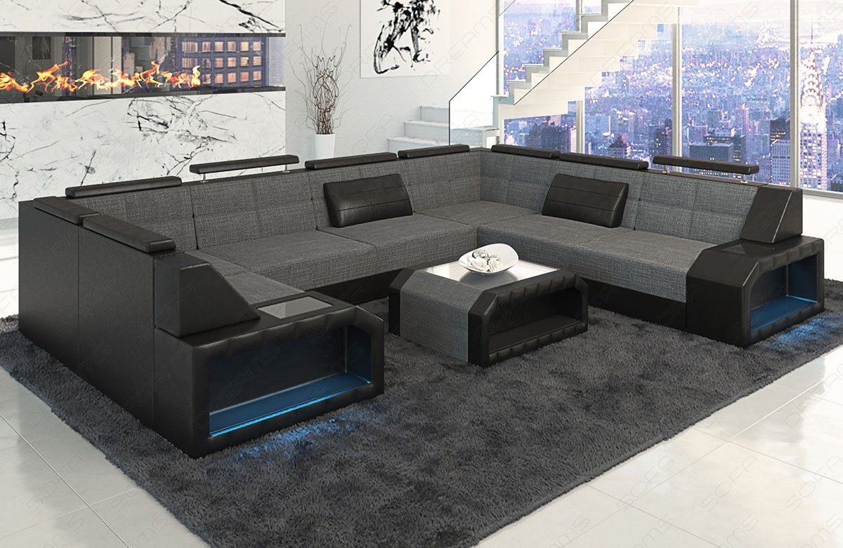 Stoffsofa U Form Pesaro mit LED-Beleuchtung in grau - Hugo5