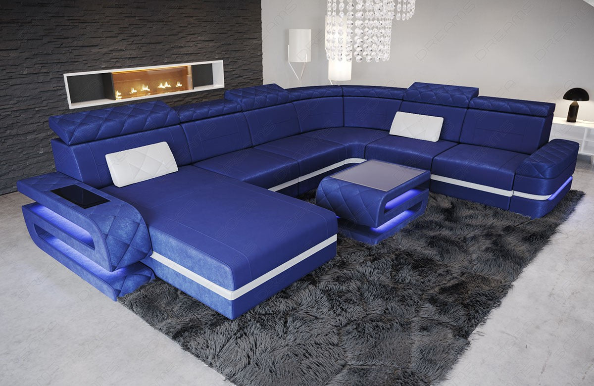 Samt Stoff Wohnlandschaft Bologna XXL in blau - SunVelvet1027 Akzentfarbe weiß