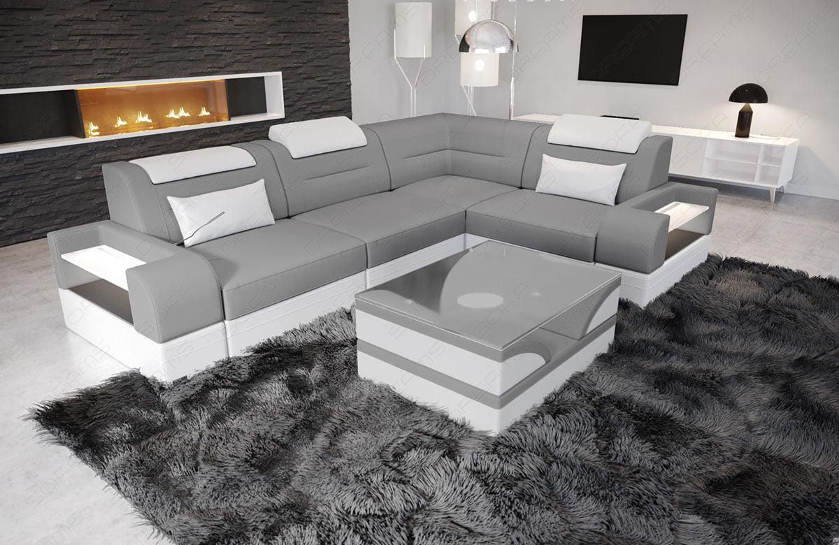 Mini L Form Sofa Trivento mit LED, USB und in Stoffbezug kurz in hellgrau - Mineva12 Mikrofaser Stoff