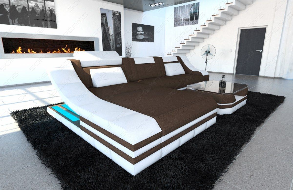 Stoff Eckcouch Turino L Form mit LED Beleuchtung in braun - Hugo8