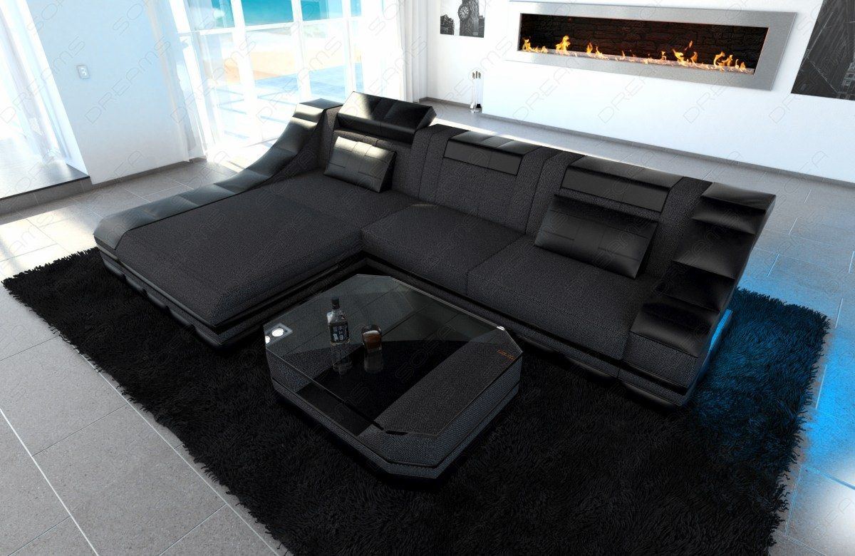 Stoff Eckcouch Turino L Form mit LED-Beleuchtung in schwarz-grau - Hugo12 Strukturstoff