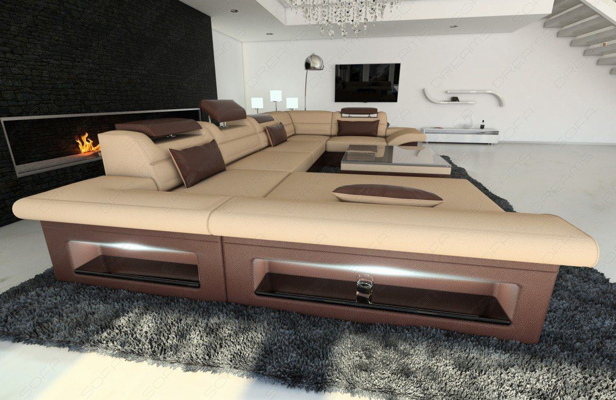 Polstersofa Enzo U Form mit LED in beige Mineva 4 - dunkelbraun