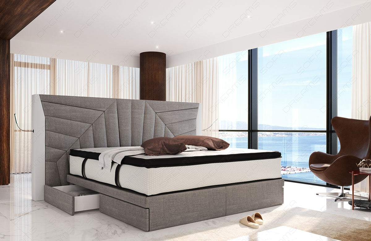 Polster Boxspringbett Monaco mit LED Beleuchtung und Schubladen in hellgrau - Hugo3 - Nebenfarbe weiß