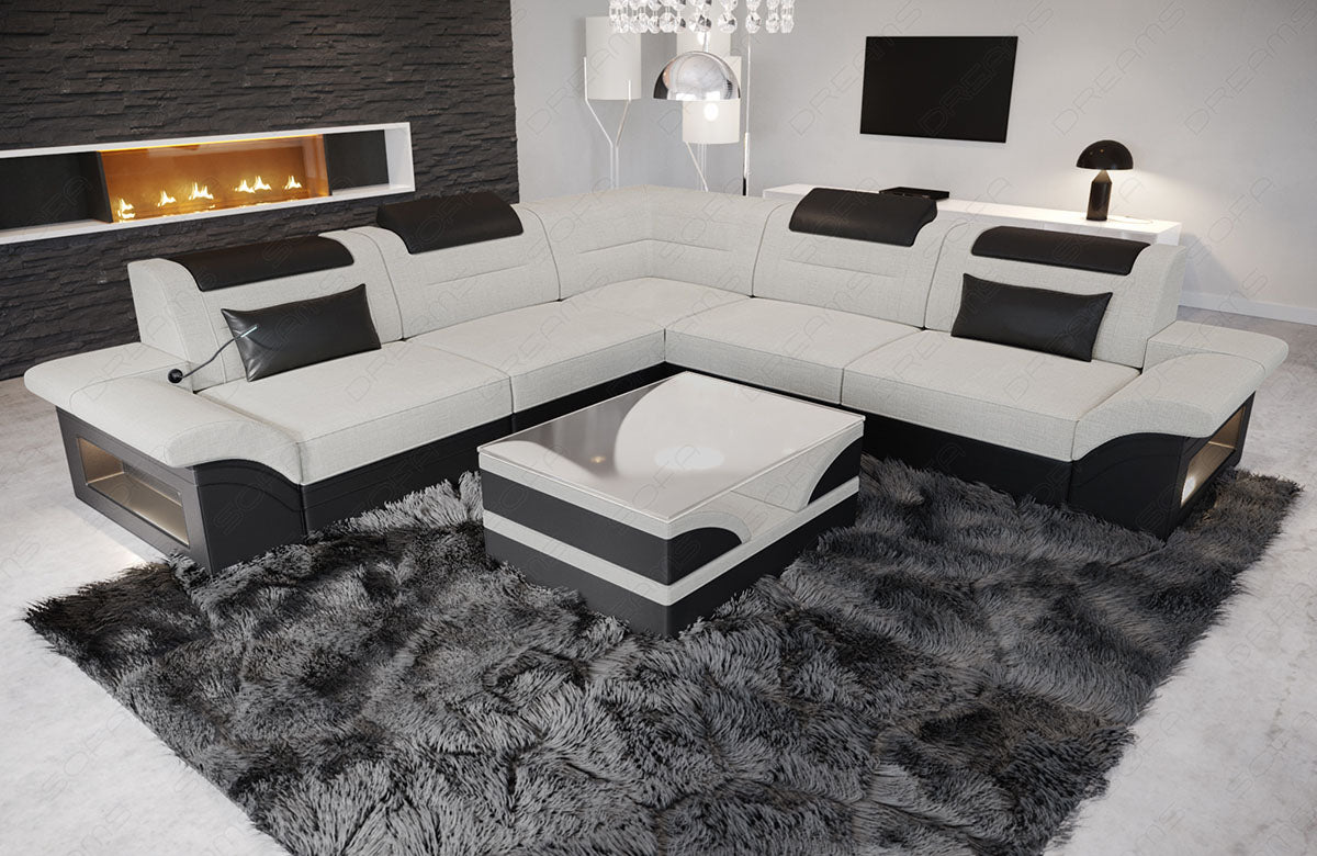Strukturstoff Sofa Brianza L Form in elfenbein-schwarz - Hugo1