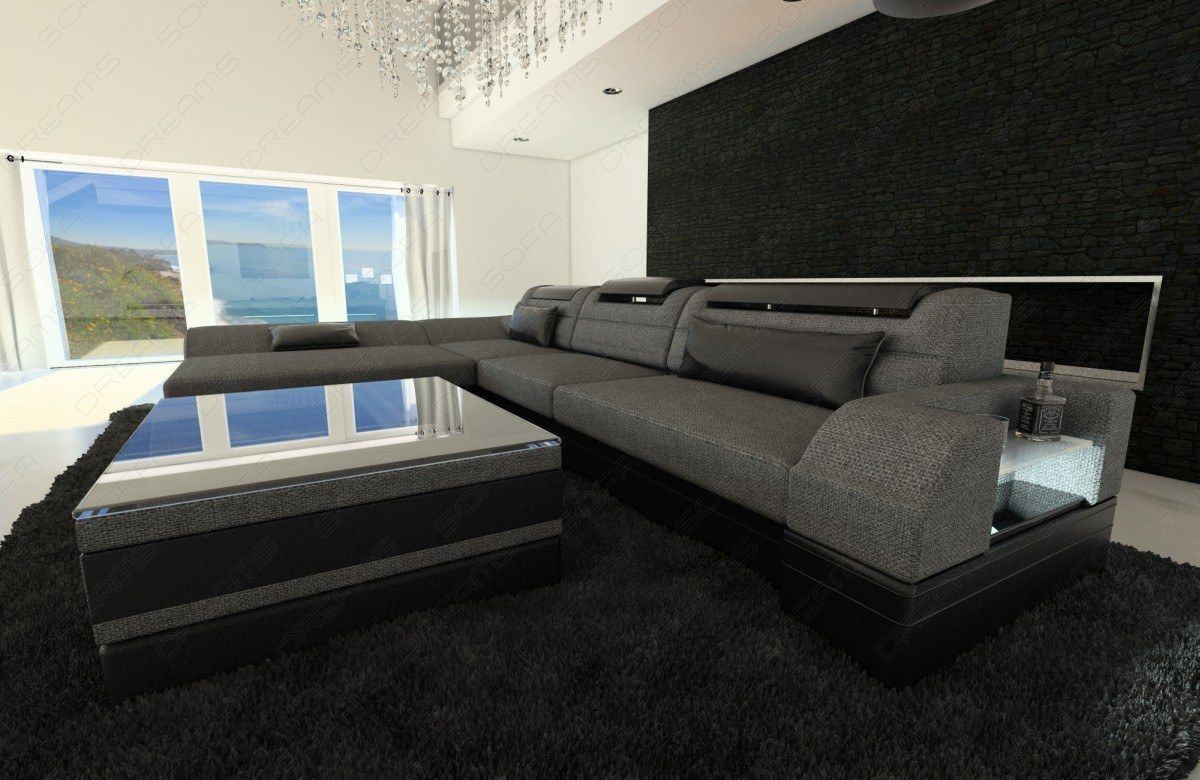 Mini L Form Sofa Monza mit LED und Stoffbezug in grau - Hugo5 Strukturstoff