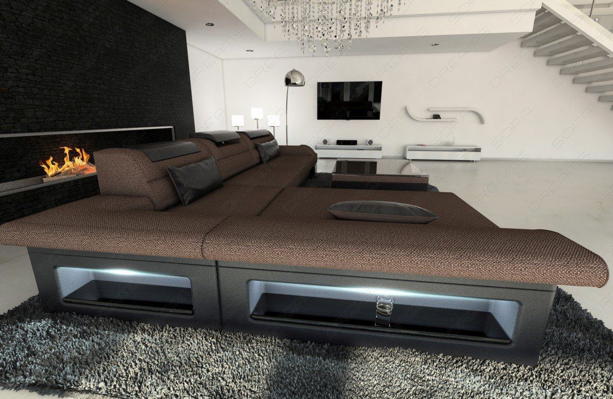 Mini L Form Sofa Monza mit LED und Stoffbezug in braun - Hugo8 Strukturstoff