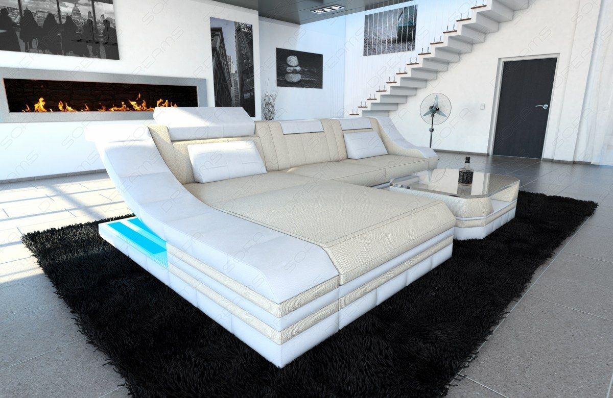 Stoff Ecksofa Turino L Form mit LED-Beleuchtung in elfenbein - Hugo1 Strukturstoff
