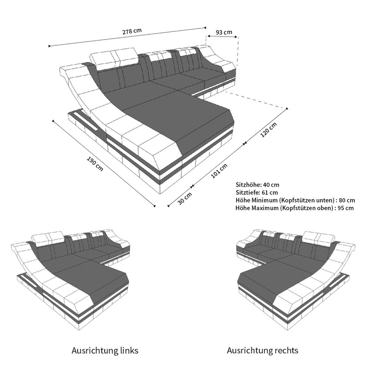 Maße des Mini Ledersofa Turino L Form
