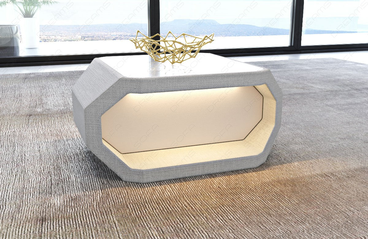 Designer Couchtisch Asti Stoff in macchiato - Hugo2 - optional mit LED Beleuchtung erhältlich.