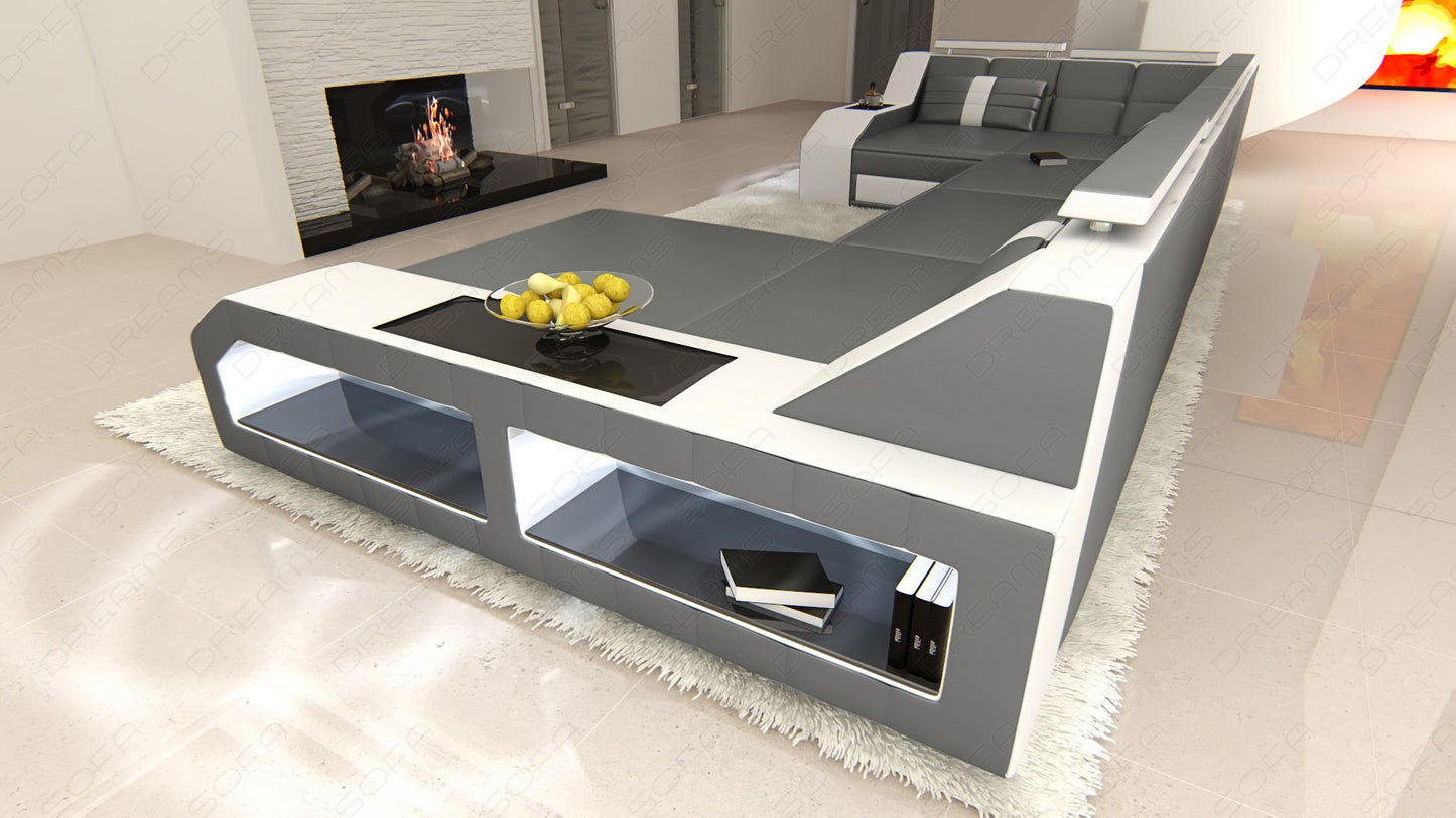 Luxus Ledersofa Arezzo U Form in grau-weiß mit Ottomane