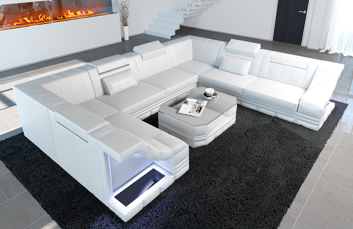 Moderne Leder Wohnlandschaft Bianchi U Form mit LED-Beleuchtung in komplett weiss