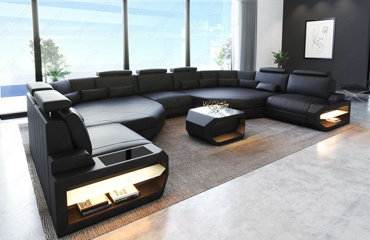 Leder Sofa Wohnlandschaft Asti XXL in komplett schwarz