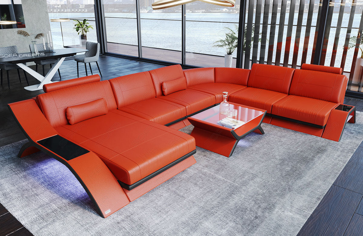 Design Leder Wohnlandschaft Calabria XL in orange - schwarz