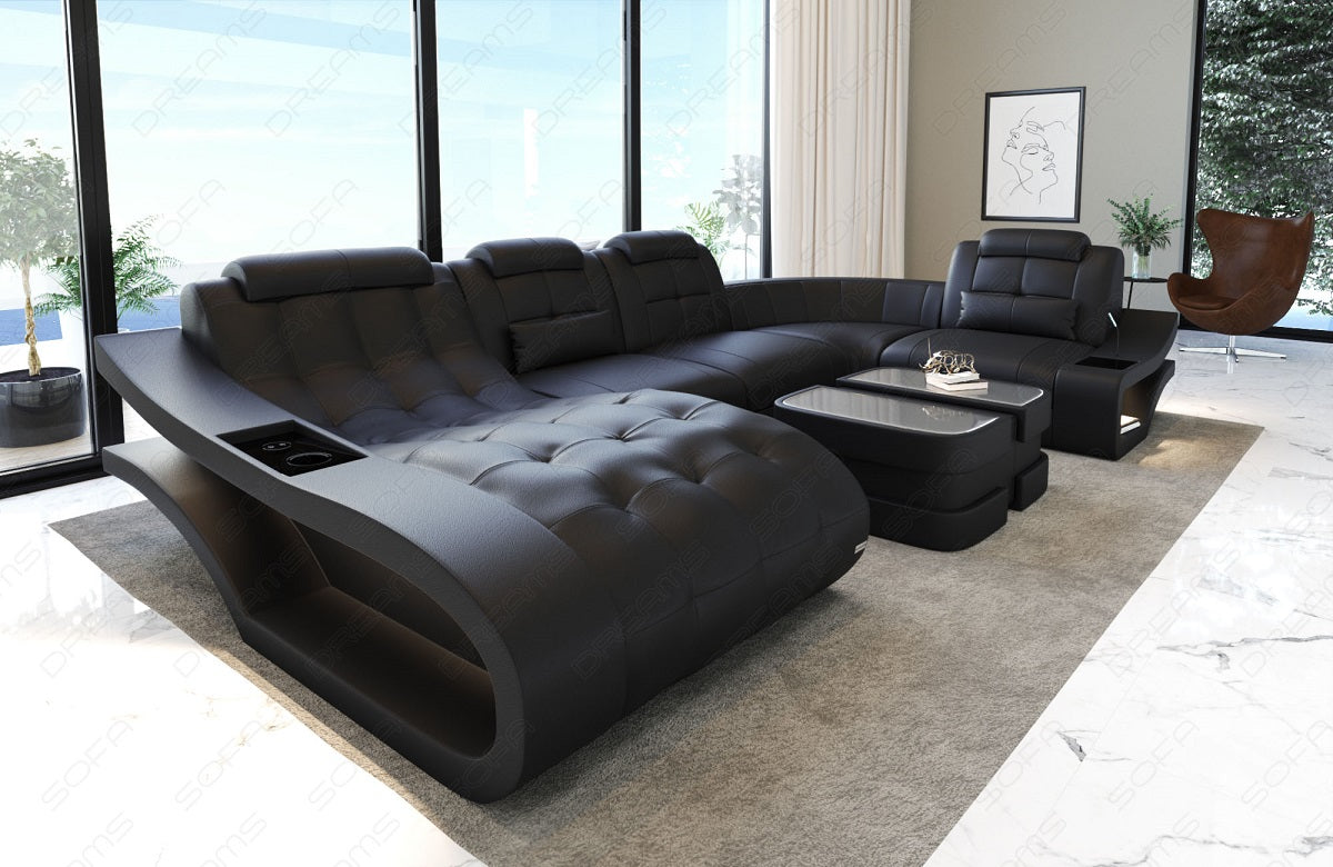 Mini Ledersofa Elegante U Form mit LED und USB komplett in schwarz
