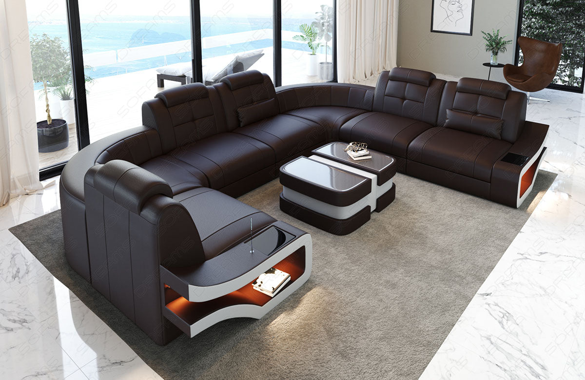 Moderne Ledersofa Wohnlandschaft Elena U Form in dunkelbraun-weiß