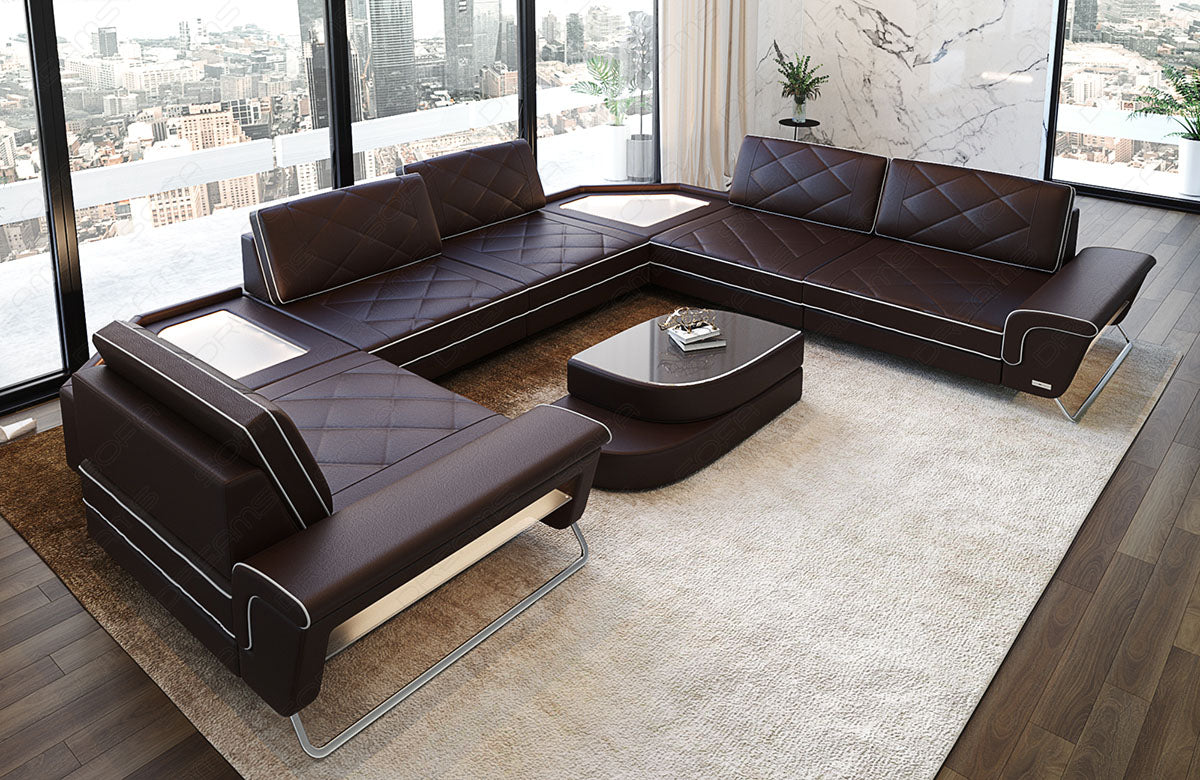 Design Leder Wohnlandschaft Sepino U Form in dunkelbraun-weiß