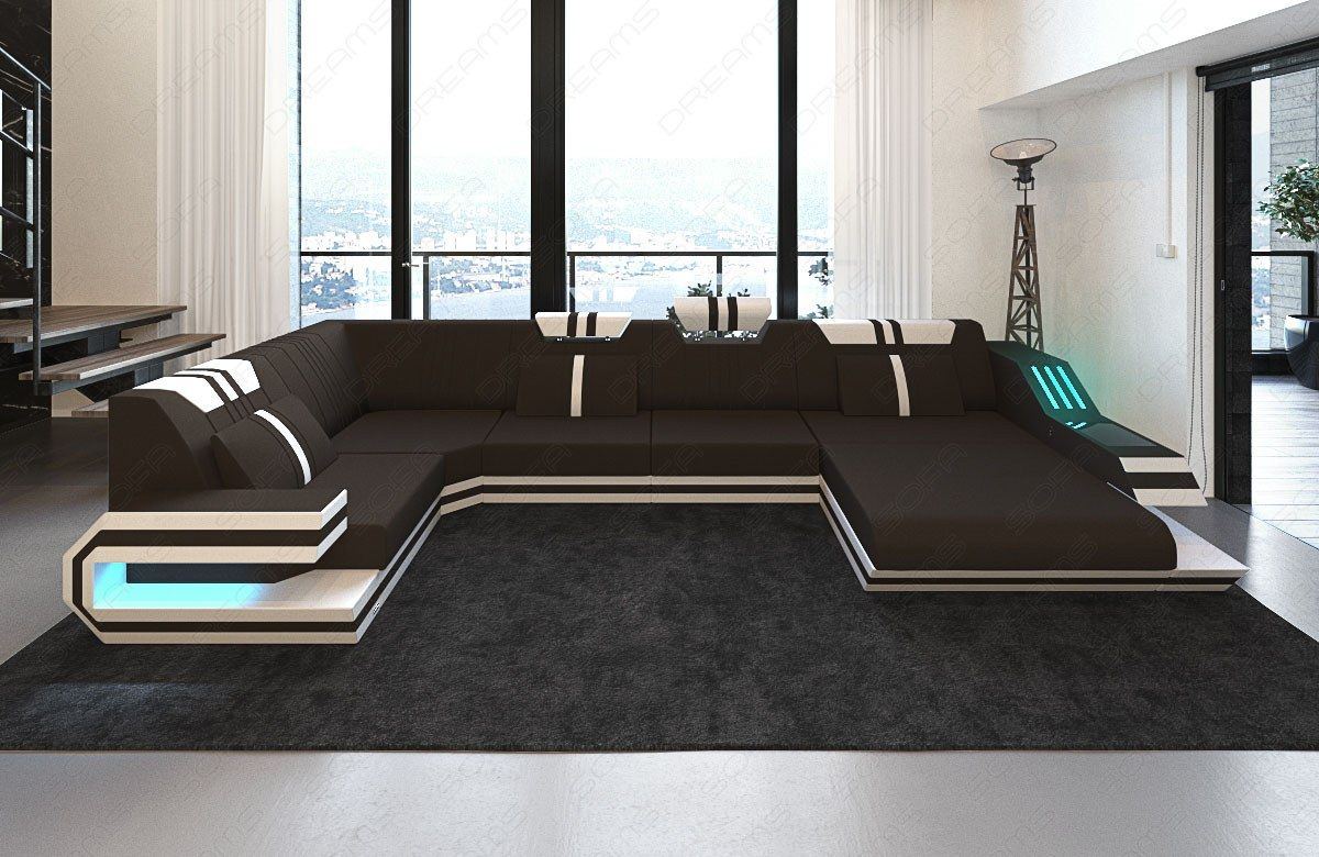Design Mikrofaser Stoff Wohnlandschaft Ravenna U Form in mokka - Mineva18